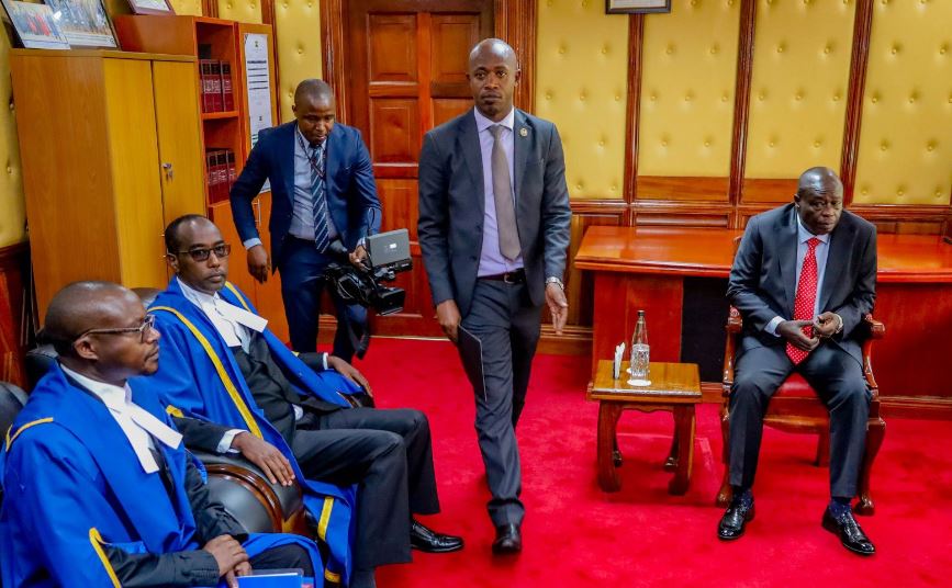 DP Rigathi Gachagua (right) at the Senate chambers ahead of his impeachment hearing on Wednesday, October 16, 2024. (Photo: Senate)