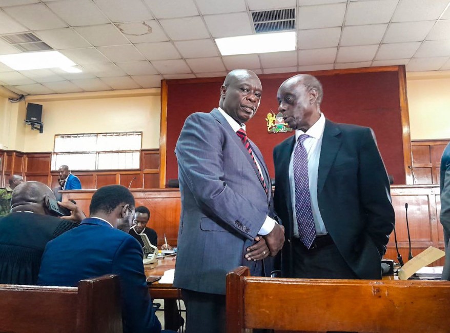 Impeached Deputy President Rigathi Gachagua with lawyer SC Paul Muite at Milimani Law Courts for the hearing of his case on Tuesday, October 22, 2024. (Photo: Handout)