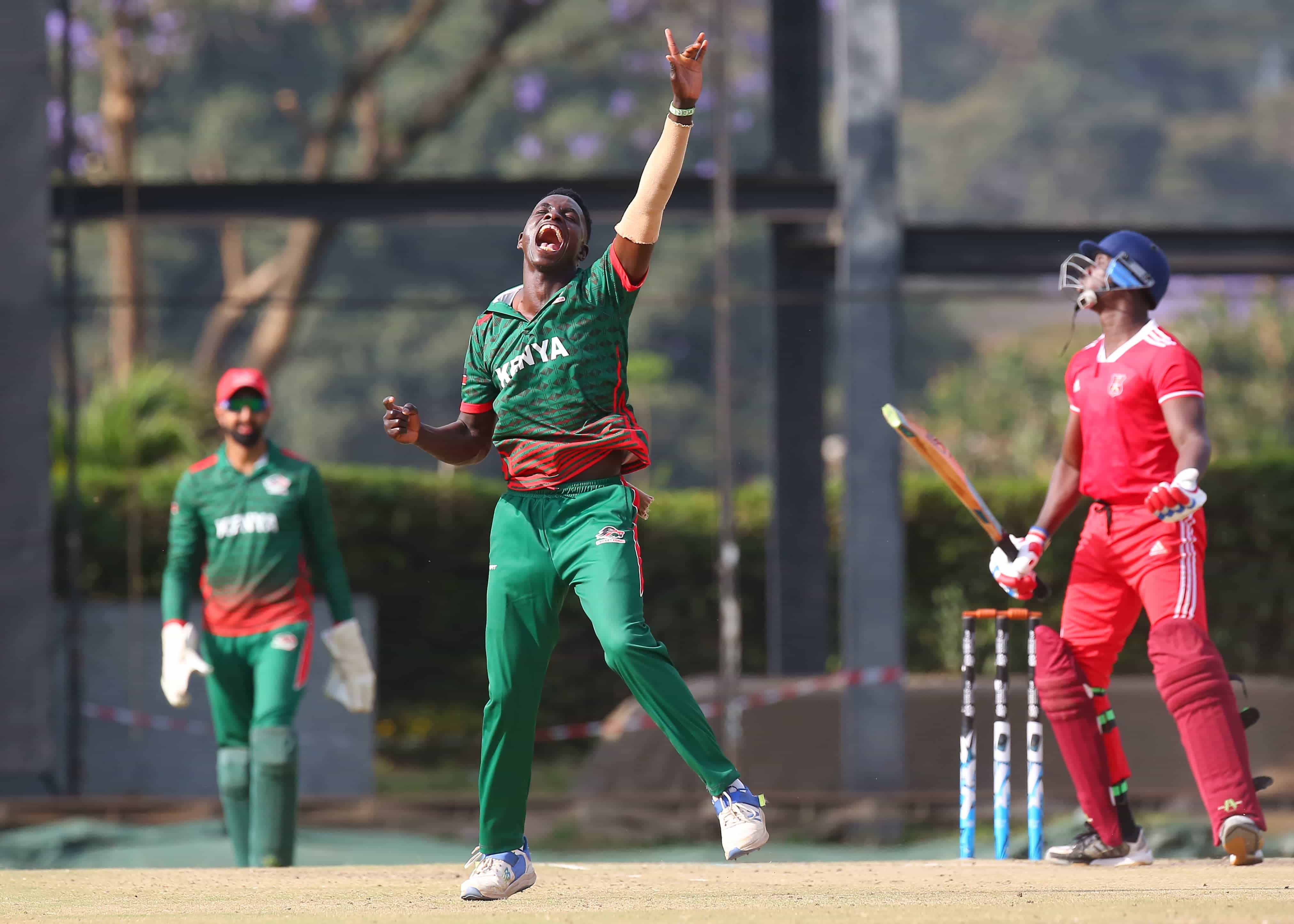 Kenya crushes Gambia to boost ICC Men’s T20 World Cup qualifying chances - Gerald Mwendwa celebrates his fifth wicket against Gambia during the ICC Men's T20 WC Sub-Regional Africa Qalifier B in Nairobi 