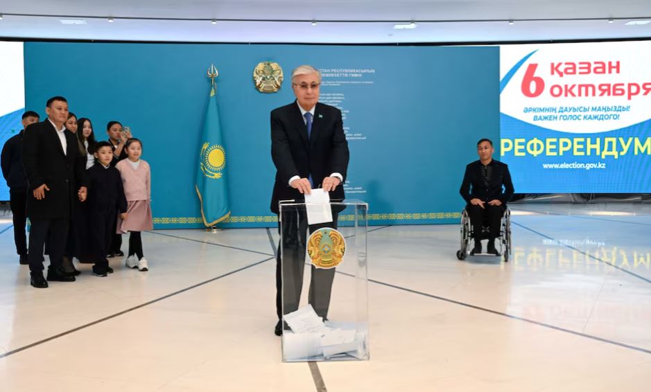 Kazakh President Kassym-Jomart Tokayev casts his vote during a referendum on the construction of a nuclear power plant, at a polling station in Astana, Kazakhstan October 6, 2024. Press Service of the President of Kazakhstan/Handout via REUTERS