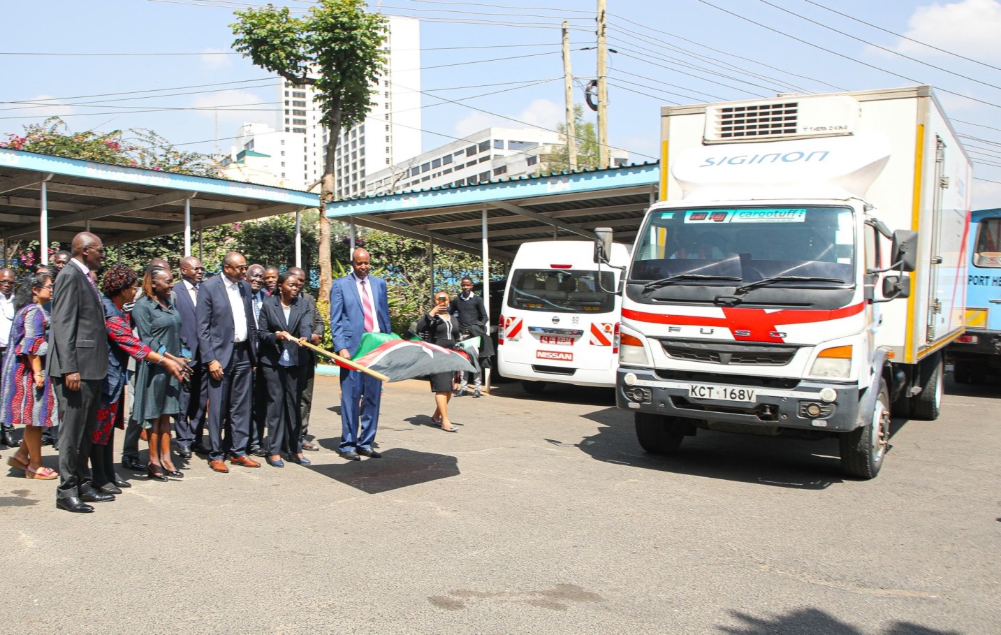 Health Cabinet Secretary Deborah Barasa flags off a lorry loaded with Mpox testing kits and NTD medications, marking a significant step in the fight against health challenges in the country. Photo by MoH.