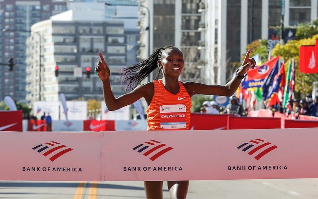 Ruth Chepngetich smashes women's marathon world record - Ruth Chepngetich celebrates winning the Chicago Marathon on Sunday 14 October 2024 (C) Courtesy