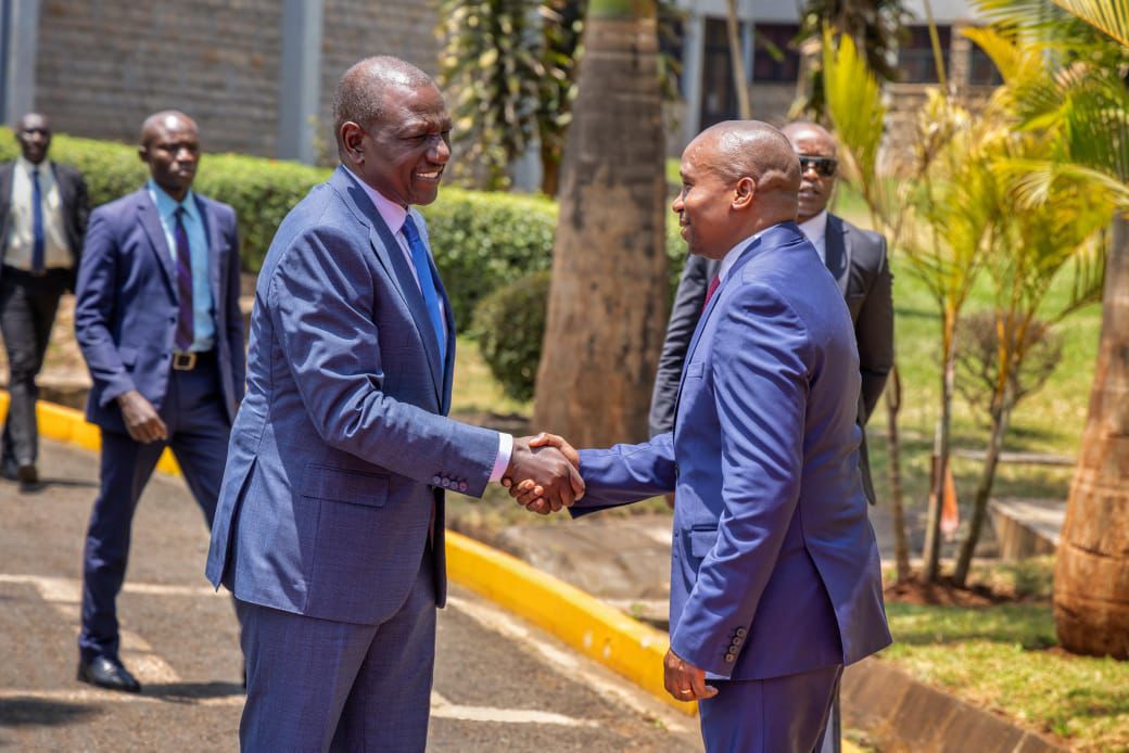 President William Ruto greets Interior CS Kithure Kindiki. (Photo: Handout)