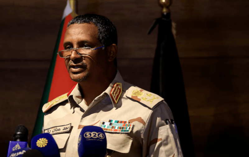 Head of Sudan's RSF accuses Egypt of being involved in airstrikes on group's troops - Deputy head of Sudan's sovereign council General Mohamed Hamdan Dagalo speaks during a press conference at Rapid Support Forces head quarter in Khartoum, Sudan February 19, 2023. (Reuters)