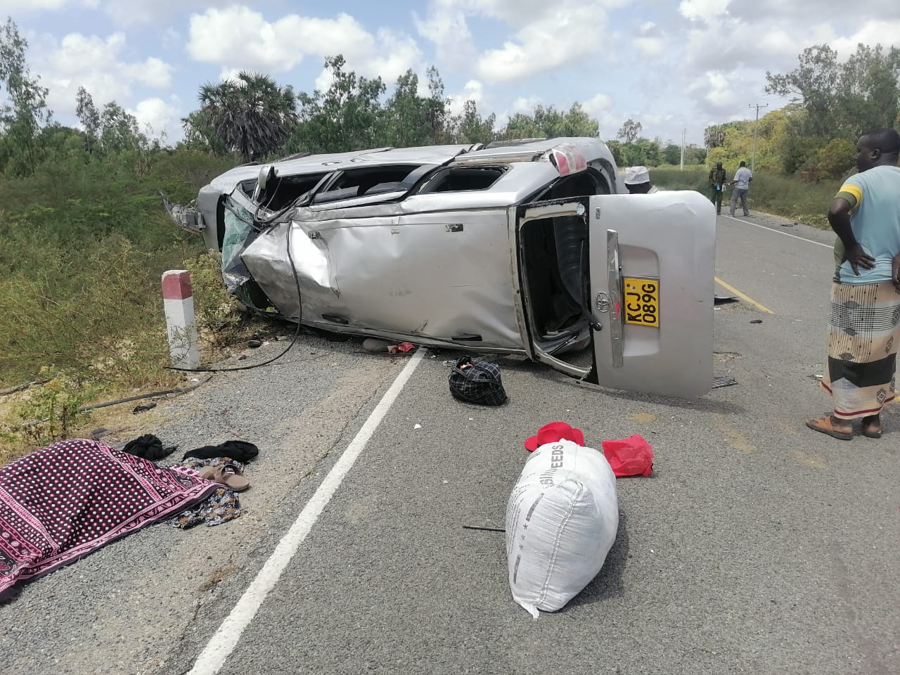 Two peopel died and six others were injured after a Toyota Noah rolled at Mambo Sasa Forest along the Lamu-Witu-Garsen route on Monday, October 7, 2024. (Photo Farhiya Hussein)