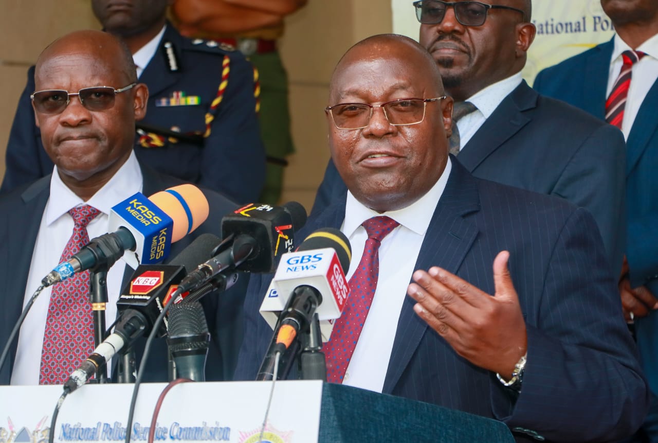 738 police officers, 50 civilians staff promoted in National Police Service - National Police Service Commission Chairperson Eliud Kinuthia addressing media during the launch of promotion interviews for gazetted police officers at CBK Pension Towers in Nairobi on October 24, 2024. (Photo: Justine Ondieki)