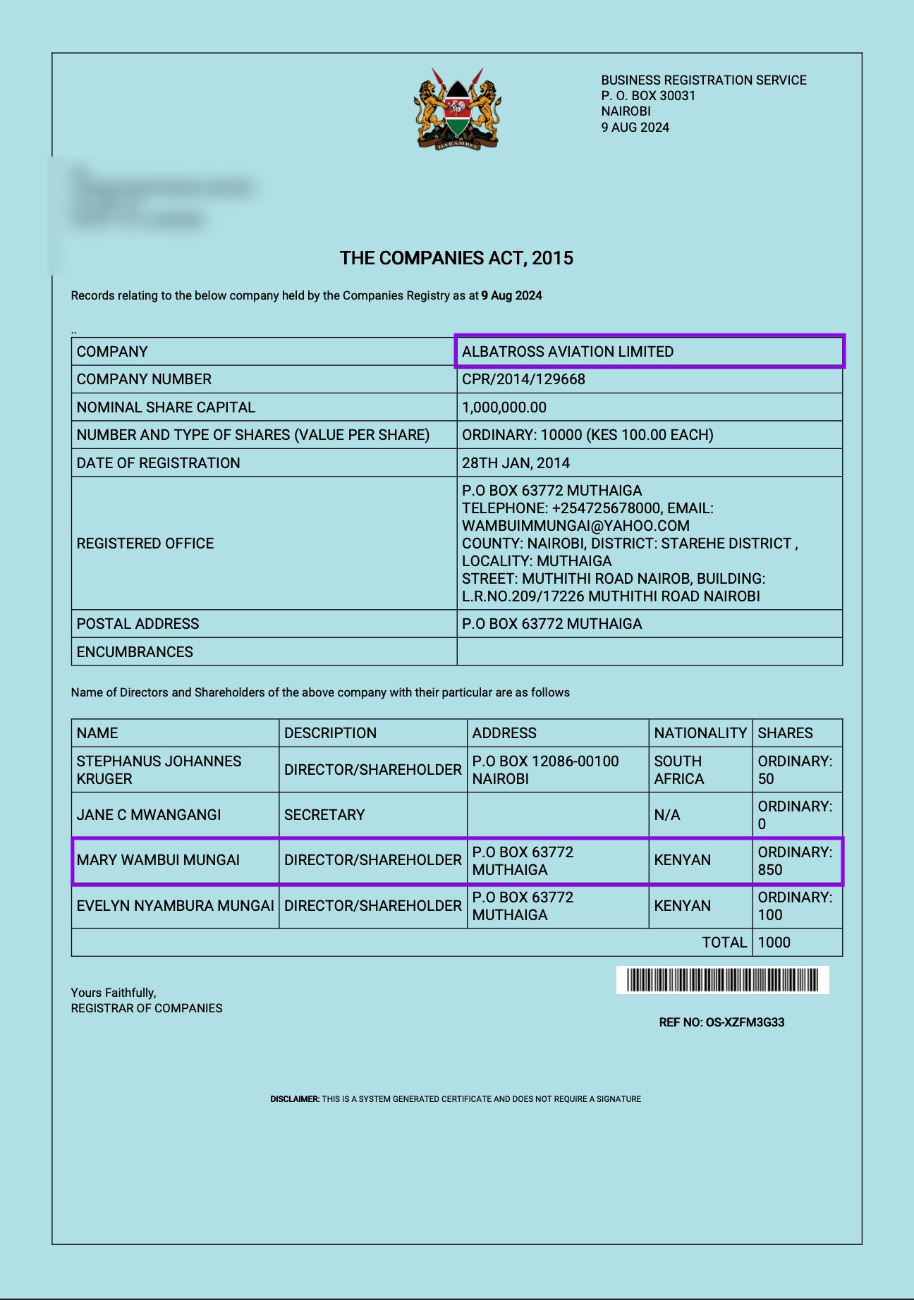 CR12 records for Albatross Aviation Limited from the Business Registration Service prove Mary Wambui Mungai and her daughter Evelyn Wambui own majority shares of the company. Source: Business Registration Service 