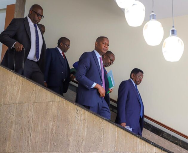 Kibwezi West MP Mwengi Mutuse with his lawyers led by Senior Counsel James Orengo arrive at the Senate for the impeachment hearing of Deputy President Rigathi Gachagua on October 16, 2024.