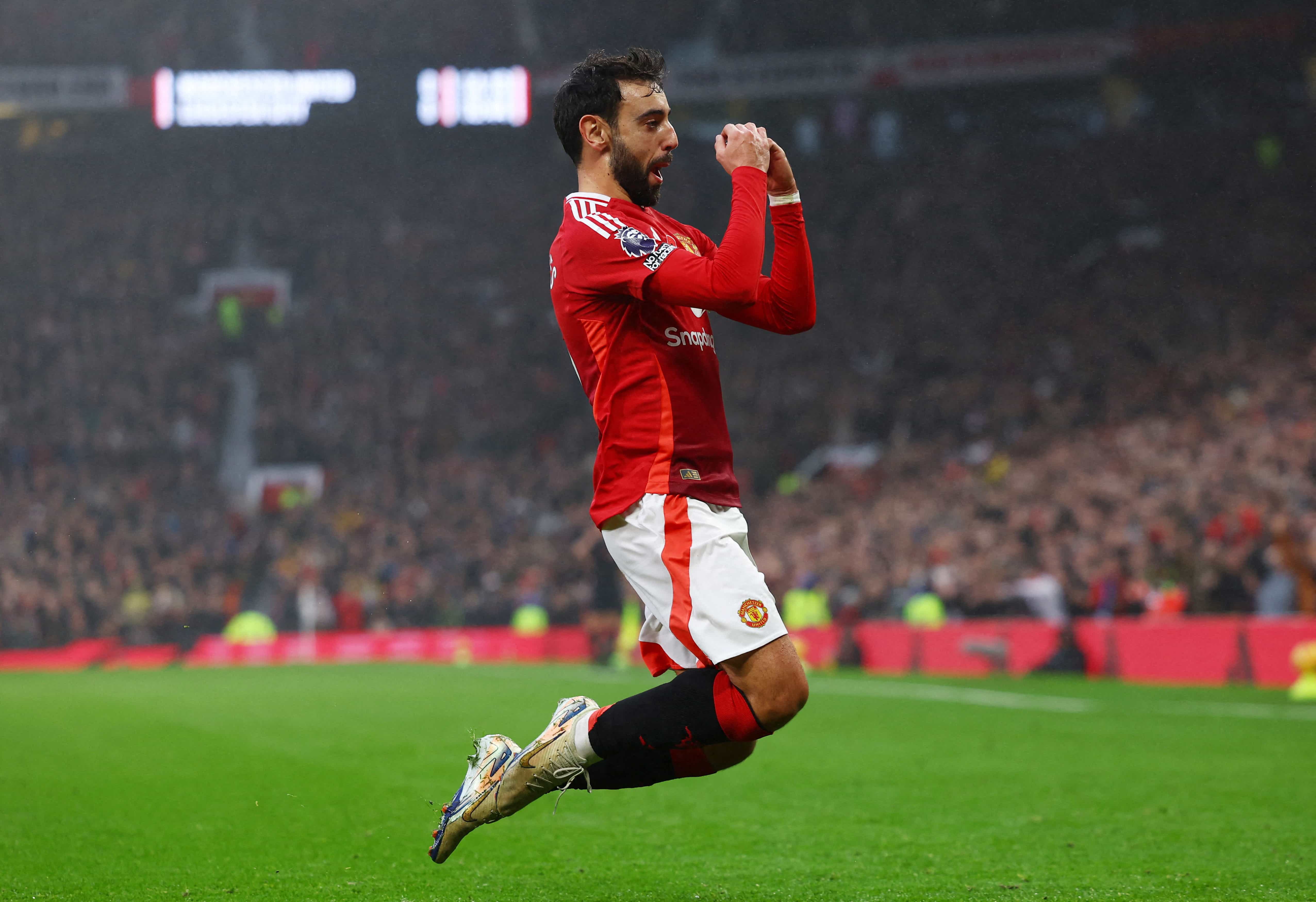 Man United thrash Leicester 3-0 in Van Nistelrooy's last game as interim boss - Manchester United's Bruno Fernandes celebrates scoring their first goal Action Images via Reuters/Lee Smith 