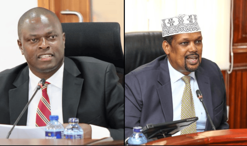 Counties secure Sh387 billion as mediation ends funding stalemate - Kiharu MP Ndindi Nyoro and Mandera Senator Ali Roba during a meeting on November 7, 2024. (National Assembly)