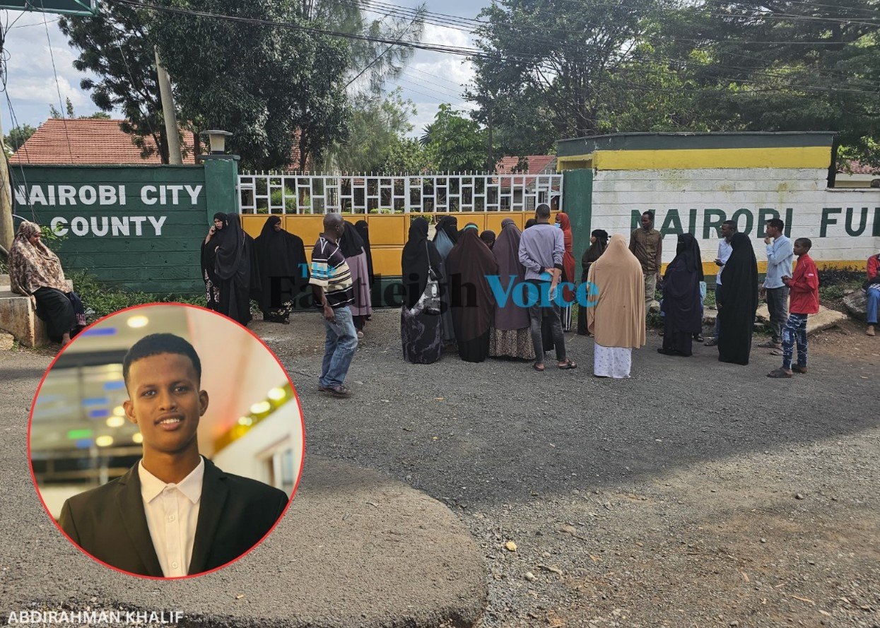 Family seeks justice after body of missing Form Three student found in Bahati, Nairobi - Family members of Arafat mohamed gather outside the Nairobi City Mortuary after viewing his body. (Inset: Arafat Mohamed). (Photo: Abdirahman Khalif) 