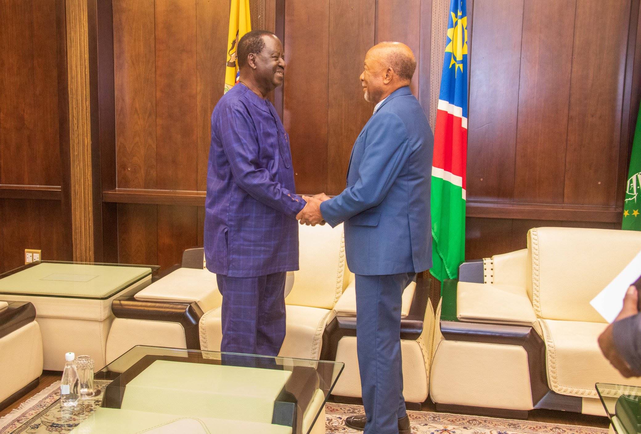 Raila Odinga leaves South Africa without meeting President Ramaphosa - African Union Chairperson candidate Raila Odinga (left) when he met Namibia's President Dr Nangolo Mbumb at Statehouse in Windhoek on January 15, 2024. (Photo: X/Raila Odinga) 