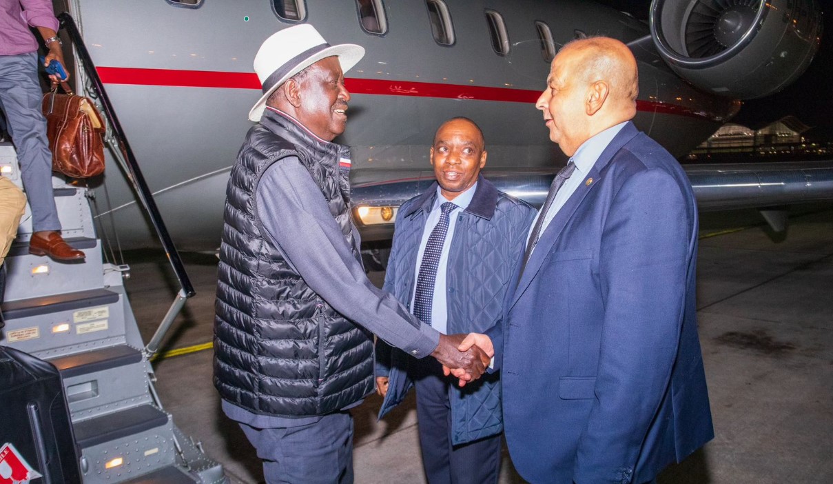 Sh2.3 million per hour private jet: The lavish and costly Raila Odinga AUC campaign trail - Kenya’s AUC candidate Raila Odinga is received in Algiers by Kenyan ambassador to the country Timothy Kaluma Mcharo and Algerian official. (Photo: X/Seth Olale)