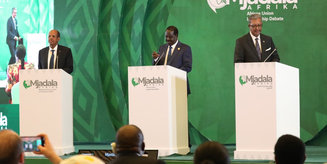 Backroom diplomacy as Kenya engages in last-minute lobbying for Raila’s AUC top seat bid - AU Commission chair candidates from left Djibouti's Mahmoud Ali Youssouf, Kenya's Raila Odinga, and Madagascar's Richard Randriamandrato during their leadership debate on December 13, 2024. (Photo: AU)