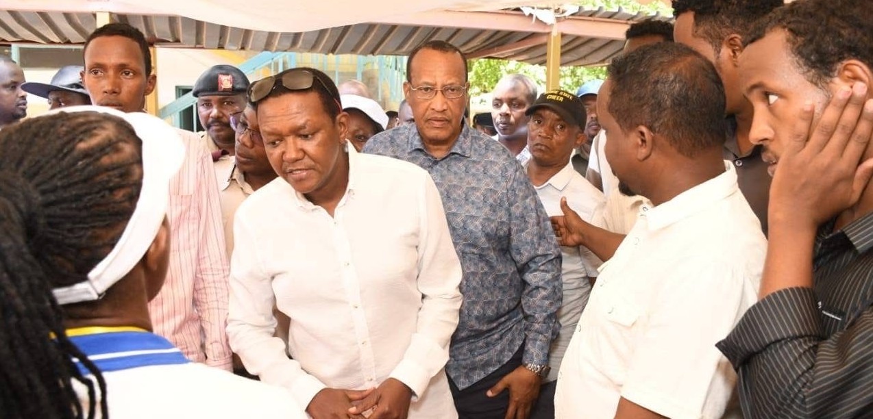 Over 2,500 youth in Garissa County register for overseas jobs - Labour CS Alfred Mutua addressing job seekers who gathered at Garissa University on February 27, 2025 to register for overseas jobs. With him is Garissa Governor Nathif Jama. (Photo: Issa Hussein)