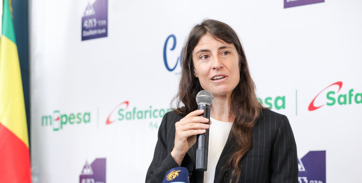 Airtime and data purchases push Safaricom Ethiopia's M-Pesa users to 10.8m - Ethiopia M-Pesa Safaricom CEO Elsa Muzzolini speaks at the launch of a partnership with Dashen Bank and CashGo to enhance international remittance services. (Photo: Safaricom Ethiopia)