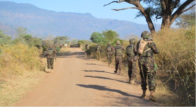 Worry over security situation in Rift Valley as two chiefs killed in bandit attacks - KDF officers conducting security patrols near River Kerio as part of the ongoing Operation Maliza Uhalifu North Rift. (Photo: Mary Wambui)