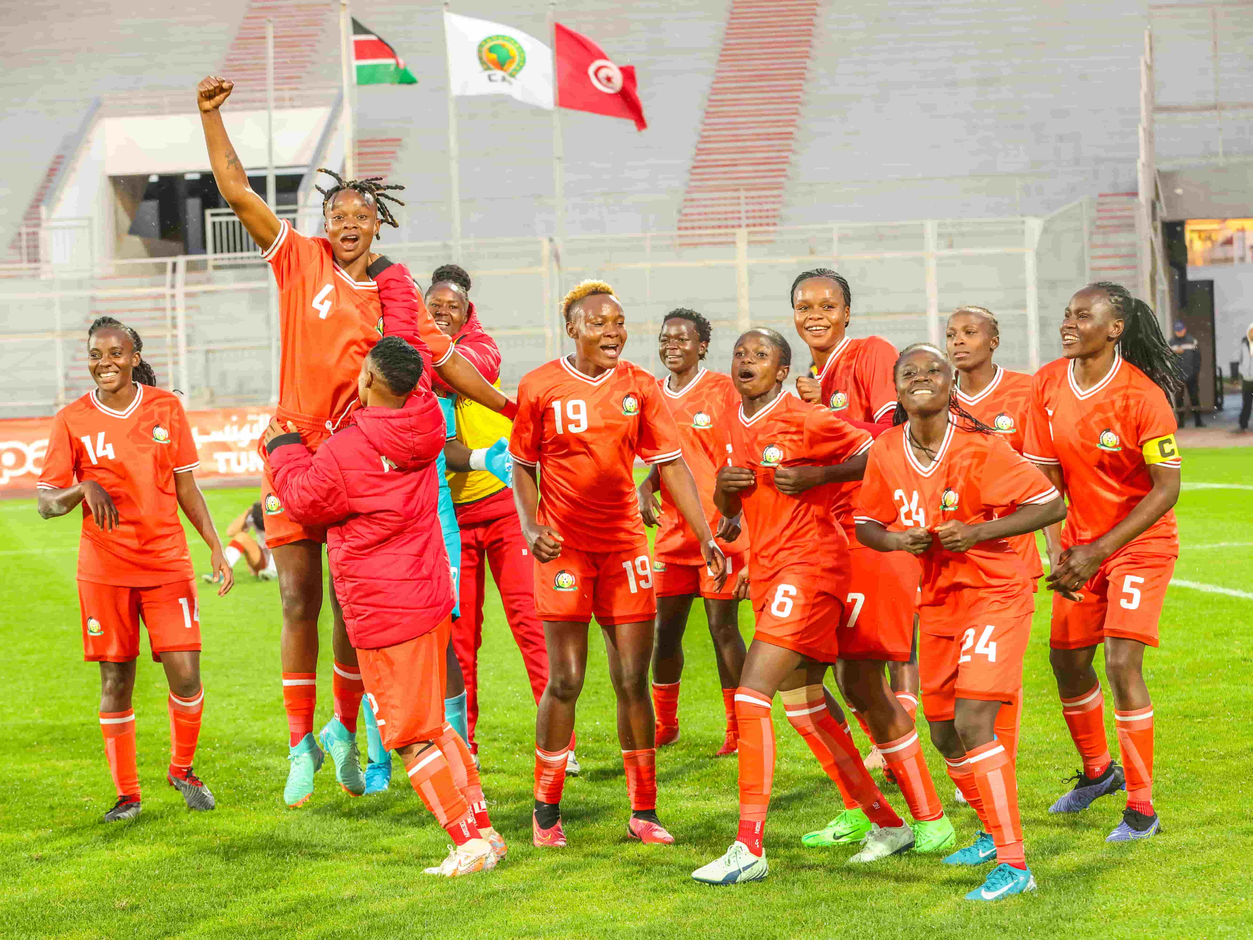 Heroic Starlets edge Tunisia to keep WAFCON dream alive - Harambee Starlets celebrate after securing an important 1-0 win in Tunis (C) FKF Media