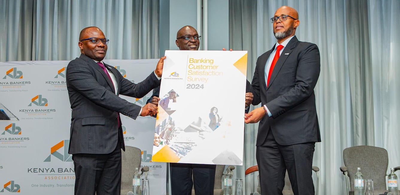 Most Kenyans prefer digital banking as they seek better service and lower costs, KBA report shows - From left: KBA CEO Raymond Molenje, CAK Director-General David Kemei and KNCCI CEO Ahmed Farah unveil the Kenya Bankers Association 2024 Customer Satisfaction Report. (Photo: KBA)