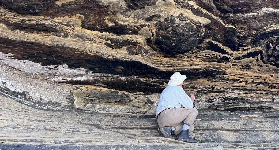 Dinosaur tracks made 140 million years ago found for the first time in South Africa’s Western Cape - Guy Plint examines one of the dinosaur tracks, which is above his head. (Photo: Annemarie Plint)