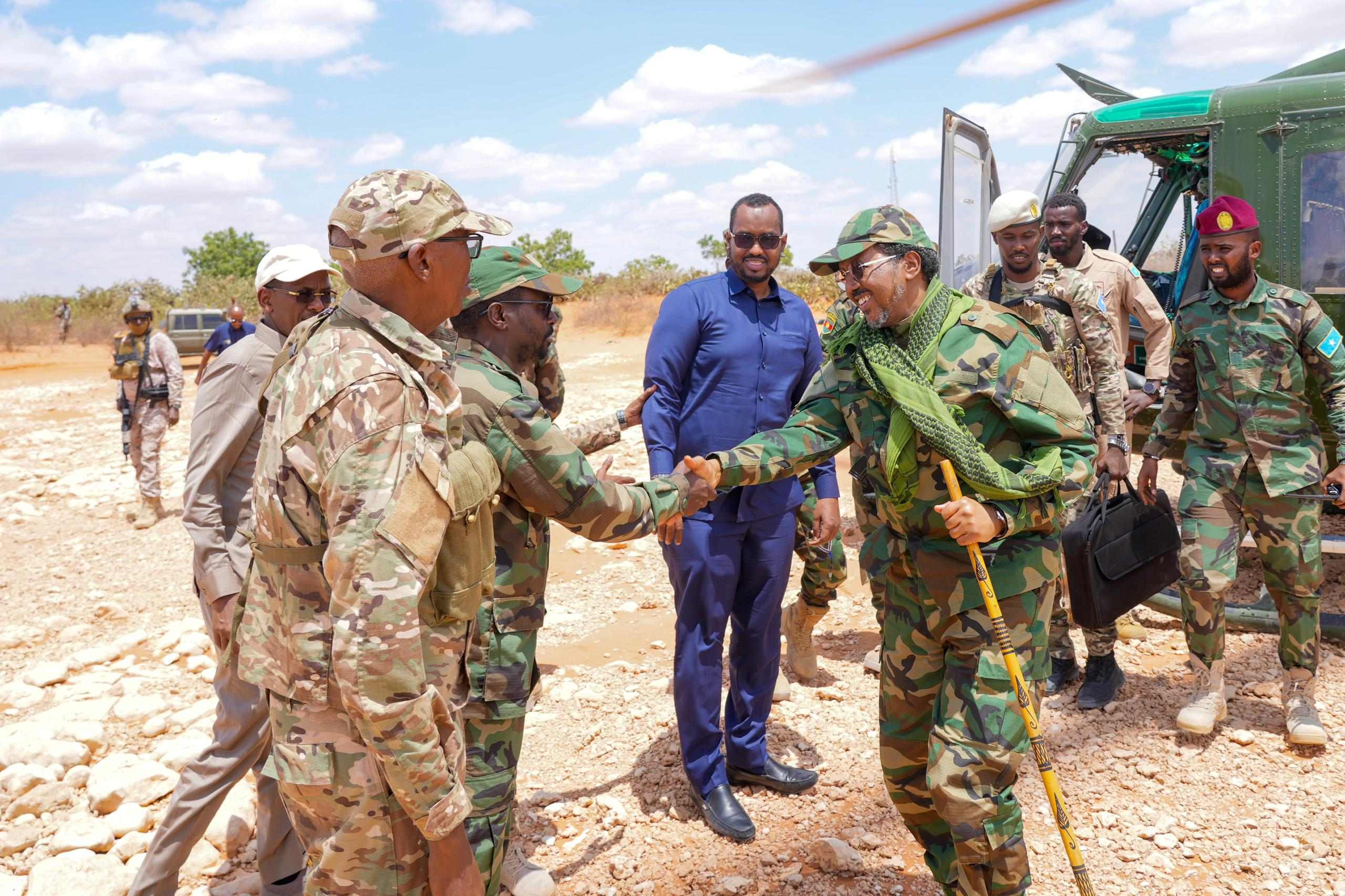 Somali National Army eliminates Al-Shabaab leaders in Shabelle region - Somalia President Hassan Sheikh Mohamud visits the front line district of Adan Yabal to lead and reinforce the ongoing offensive aimed at eradicating international terrorists on March 18, 2025. (Photo: Villa Somalia)