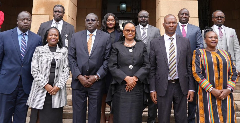 Youth groups demand revocation of IEBC commissioners' shortlist citing bias, exclusion - Chief Justice Martha Koome (centre) with members of the IEBC selection panel after they were sworn in on January 27, 2025. (Photo: National Assembly)