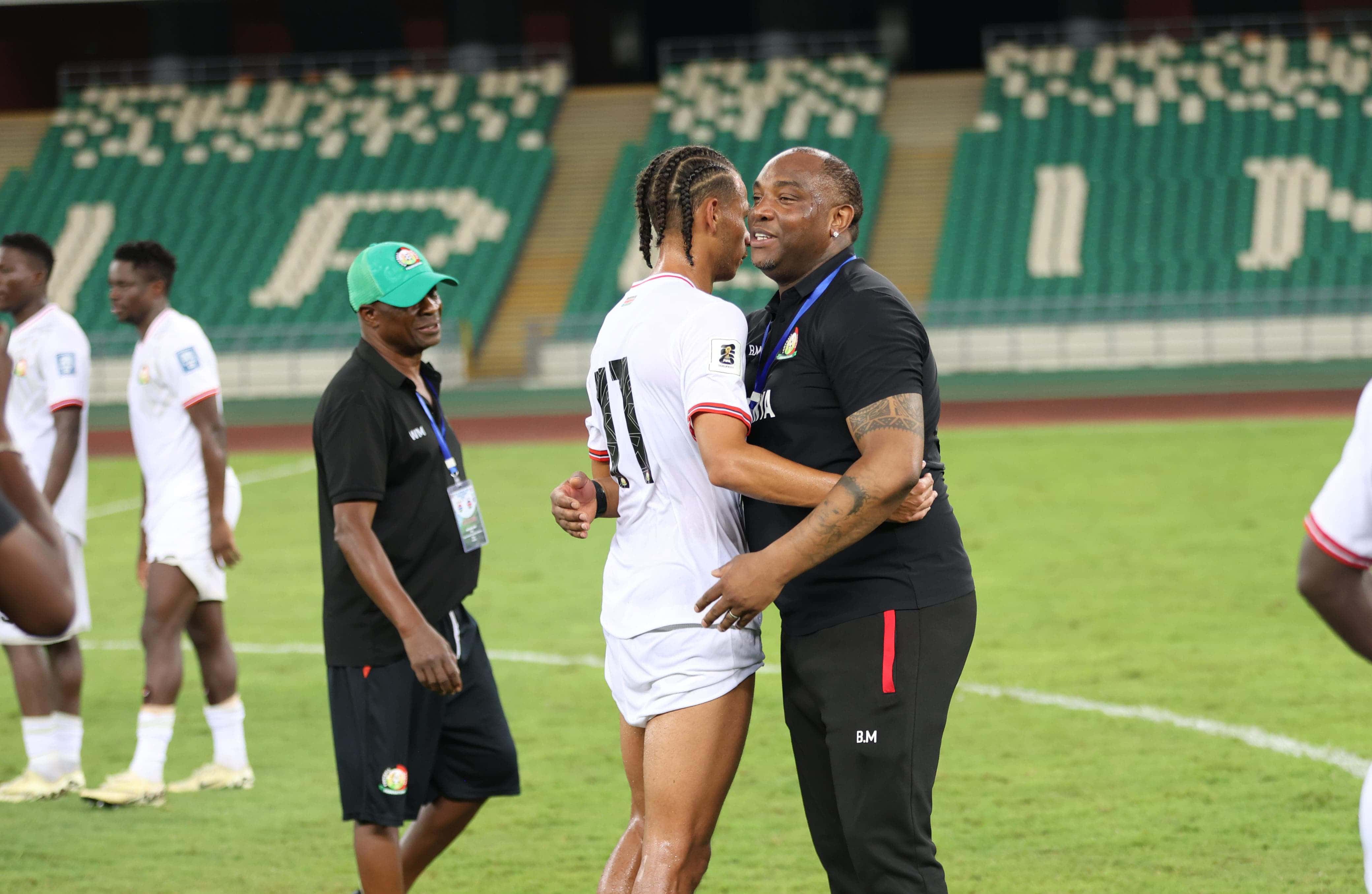 Benni McCarthy hails Harambee Stars’ fighting spirit in thrilling draw with Gambia - Wilson Lenkupae and Benni McCarthy after the game (C) FKF Media