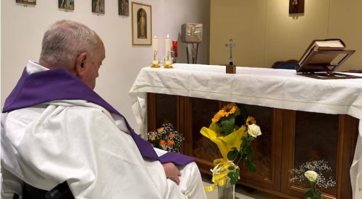 Vatican releases first photo of Pope Francis in hospital - Pope Francis concelebrates Holy Mass in the chapel of the Gemelli hospital in Rome, Italy, where he continues his treatment, on March 16, 2025. (Photo: Holy See Press Office/via REUTERS)