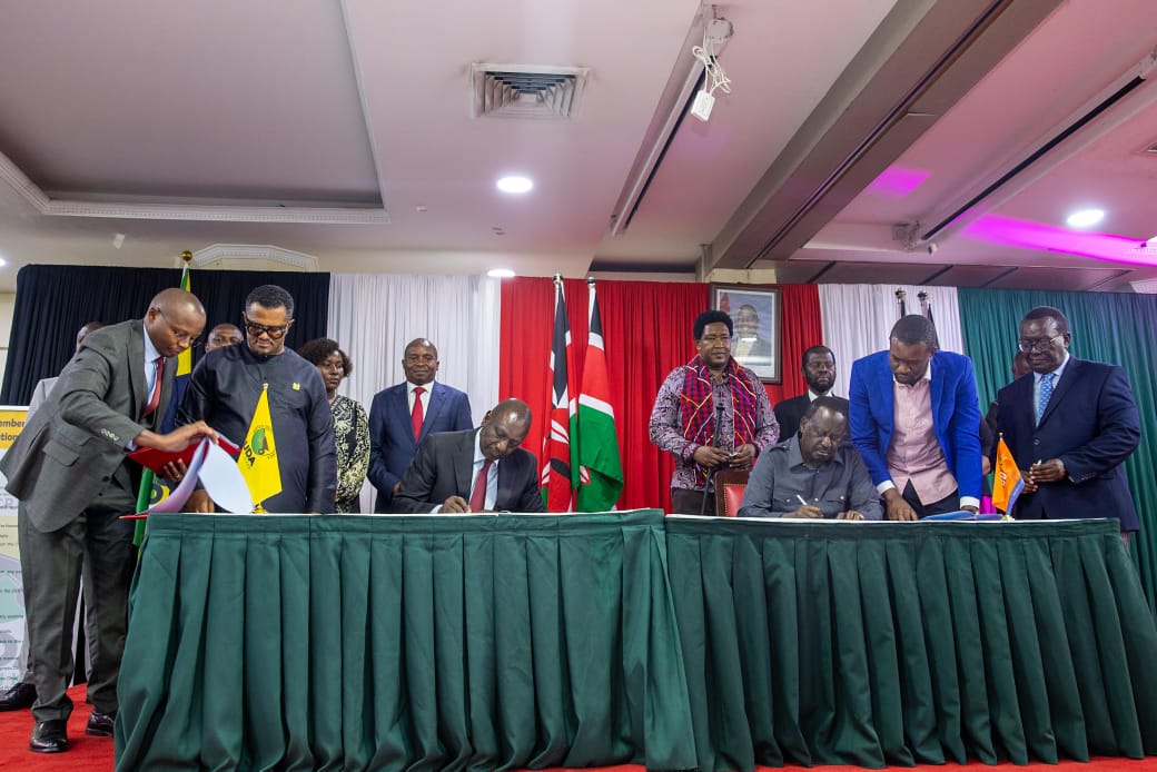 Signed and sealed: Full list of key issues Ruto, Raila agreed to implement in MoU - President William Ruto and Former Prime Minister Raila Odinga during the signing of a Memorandum of Understanding framework between Kenya Kwanza - ODM at KICC, Nairobi on March 7, 2025. (Photo.DPCS)