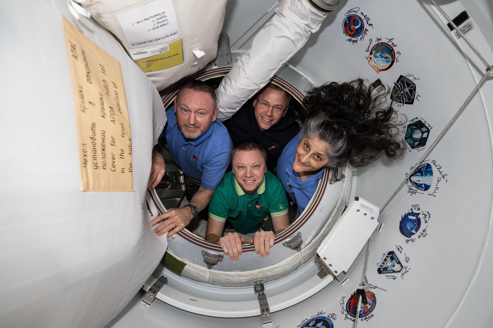 Stranded astronauts to finally return to Earth after nine-month ordeal - NASA’s SpaceX Crew-9 members pose together for a portrait inside the vestibule between the International Space Station and the SpaceX Dragon crew spacecraft. Clockwise from left, are NASA astronauts Butch Wimore, Nick Hague, and Suni Williams, and Roscosmos cosmonaut Aleksandr Gorbunov.
(Photo: NASA)