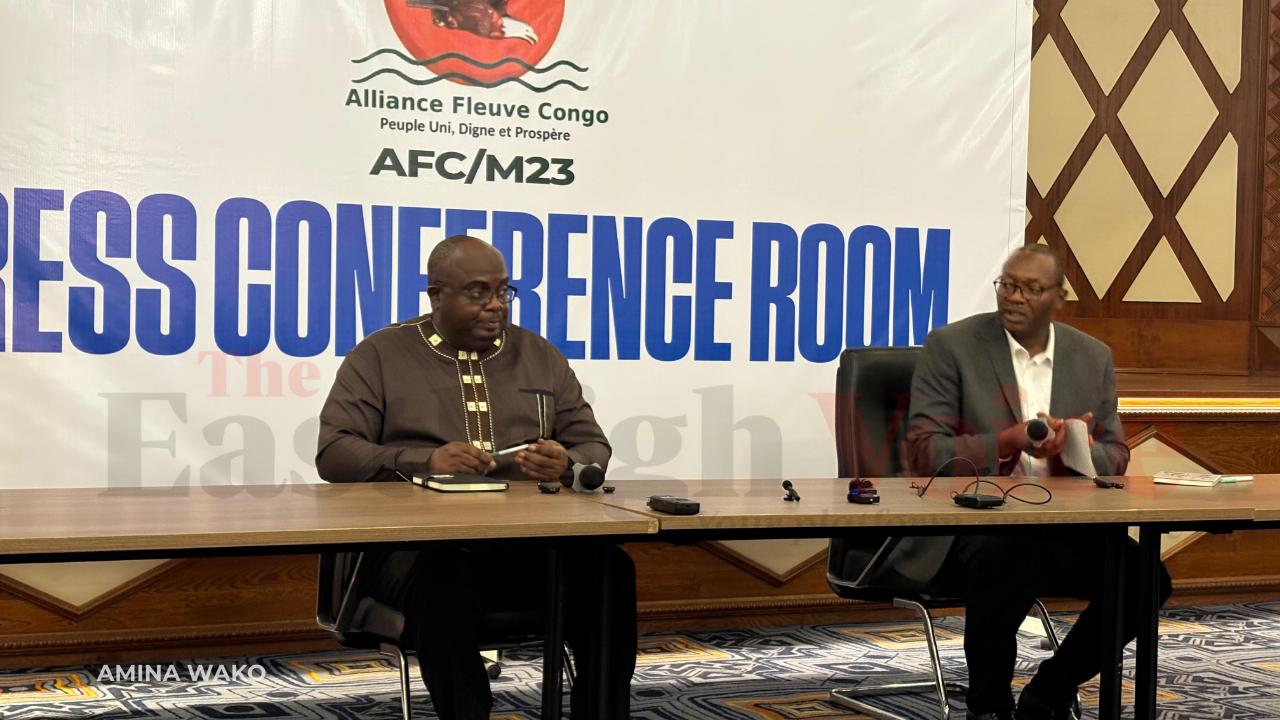 M23 leader Bertrand Bisimwa defends ties to DRC ex-president Kabila amid treason allegations - M23 President Bertrand Bisimwa (left) during a press conference in Goma, DR Congo. (Photo: Amina Wako)