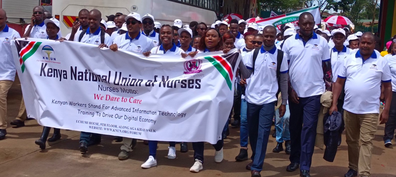 ‘We do everything, but get nothing’: Kenyan nurses tell of pay gaps, exploitation and burnout - Nurses match during the International Labour Day celebrations. (Photo: KNUN)