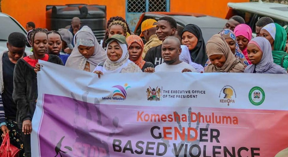 Sh940m for sanitary towels as state ups GBV, FGM and women empowerment funding - Women match during an anti-femicide and anti-GBV campaign in Mombasa. The government is directing substantial funds towards initiatives that protect girls and women in the 2025/26 budget. (Farhiya File/Hussein)
