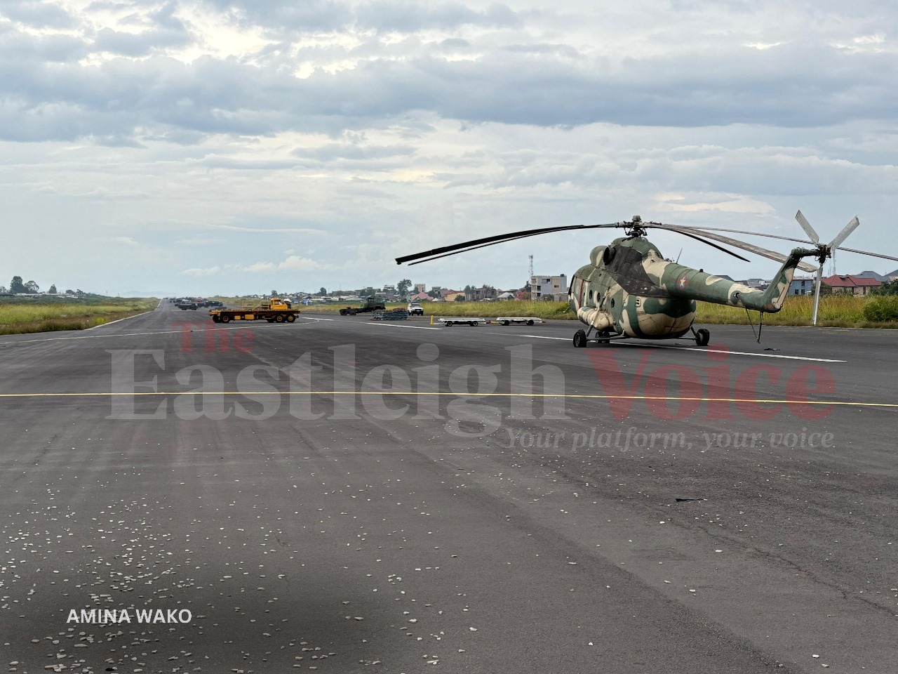 Behind rebel lines: My 72-hour journey with M23 through Goma - Abandoned FARDC helicopter remains on the Goma Airport runway after M23 forces seized control of the facility. (Photo/Amina Wako)