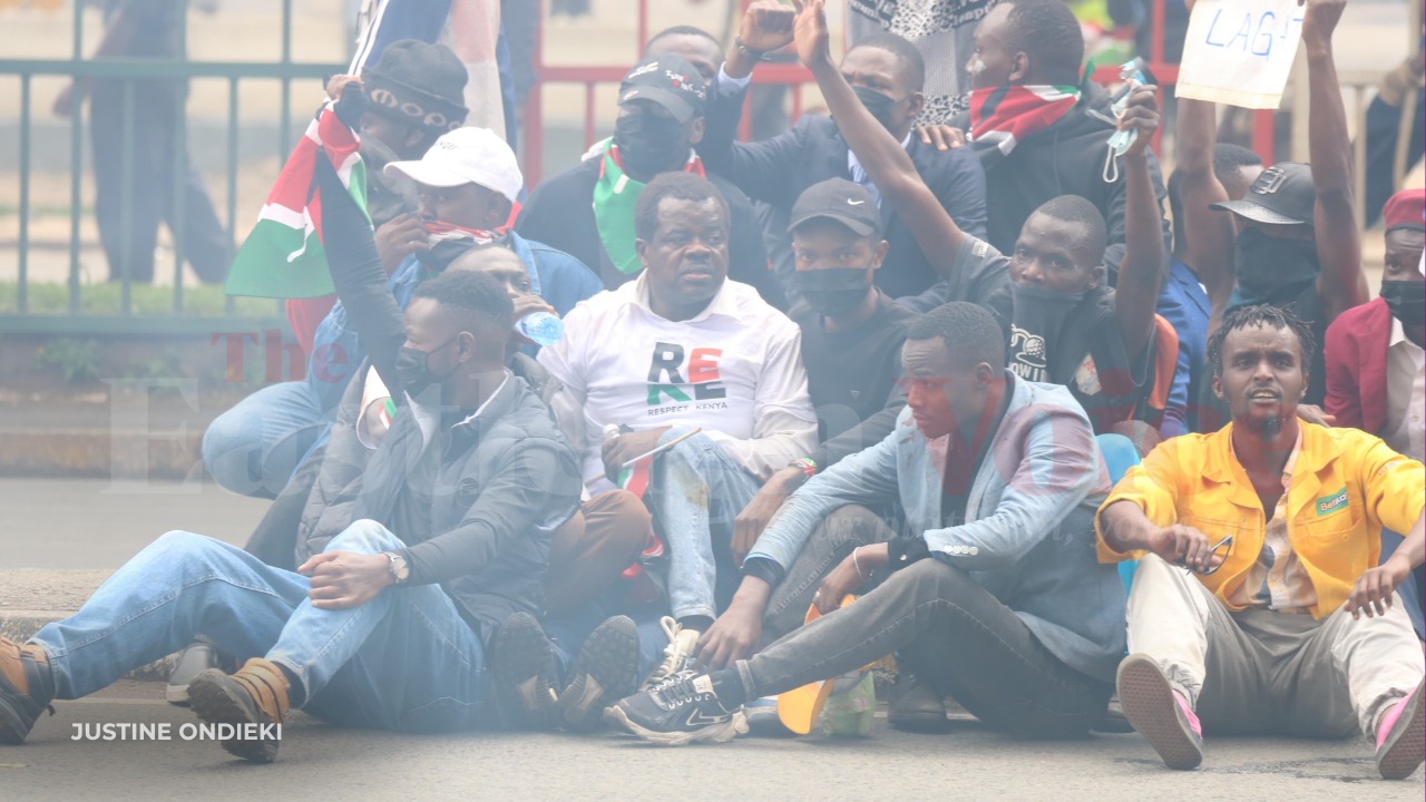 Busia Senator Okiya Omtatah sit on the Kimathi Street in Nairobi. (Justine Ondieki)