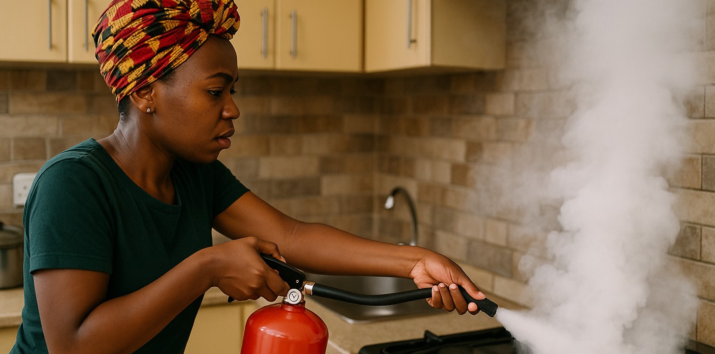 Why every Kenyan kitchen needs a fire extinguisher: Mary Wangari’s story after a devastating blaze - Fire safety experts recommend that every kitchen be equipped with a 1kg or 2kg fire extinguisher, securely mounted in an easy-to-reach location. (Photo: ChatGPT)
