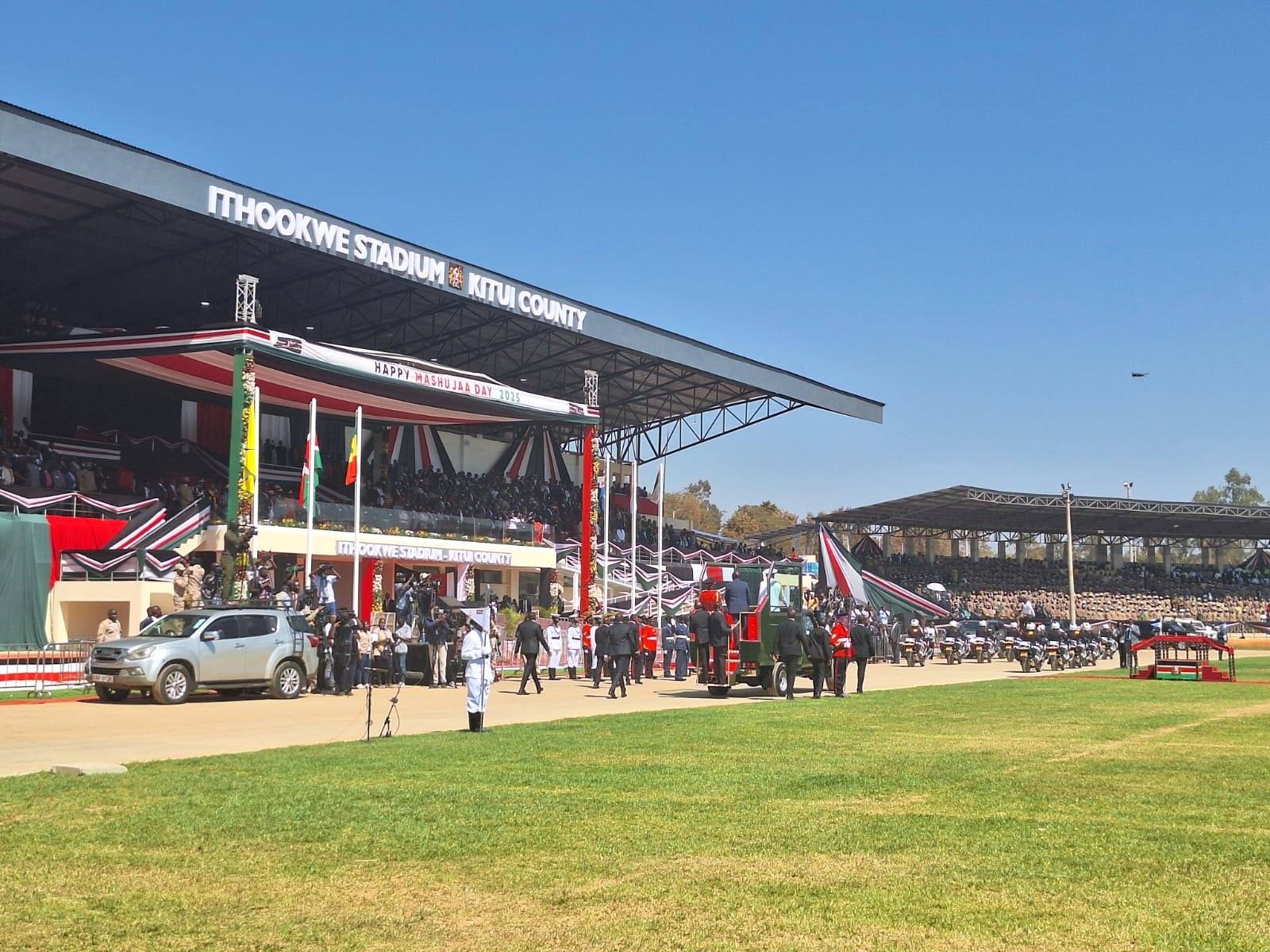 Thousands flock Ithookwe Stadium as Ruto leads Kenyans for Mashujaa Day celebrations in Kitui