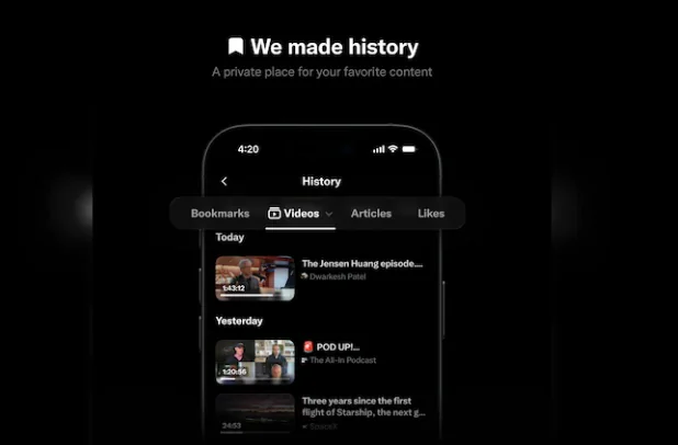X launches new 'History' tab for bookmarks, likes, videos and articles