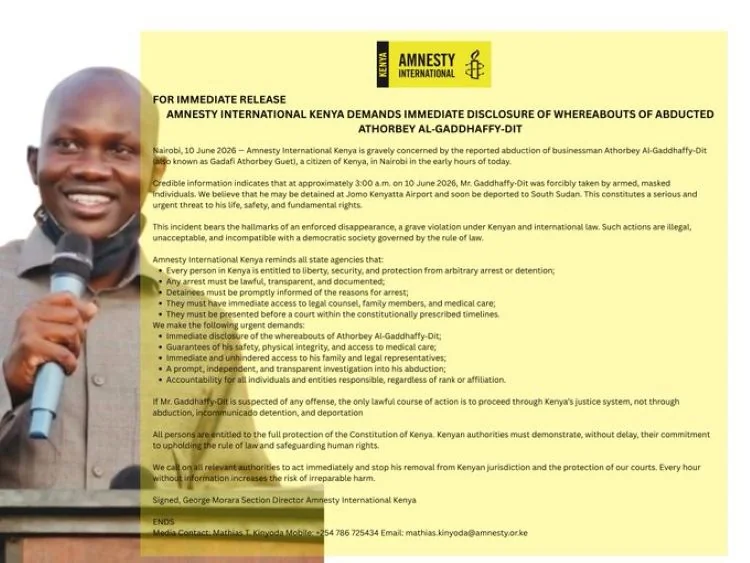 Amnesty raises alarm over alleged abduction of Kenyan businessman Athorbey Al‑Gaddhaffy‑Dit