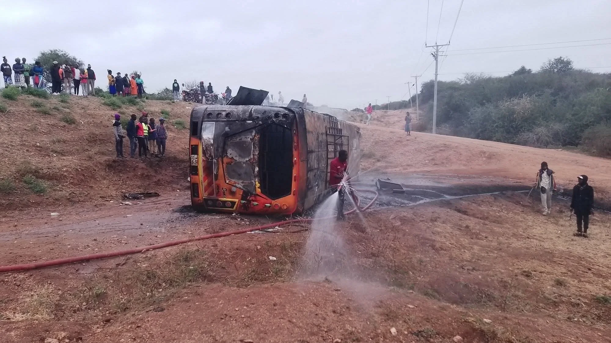 Ambasa Coach bus catches fire after collision in Mwingi, Kitui County